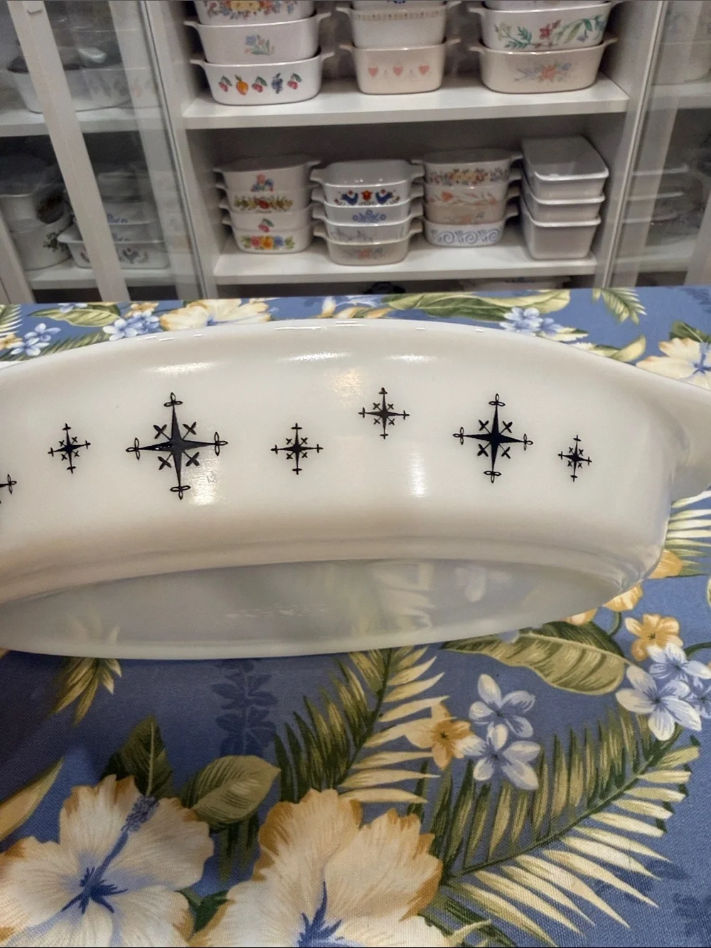 Pyrex White Divided Casserole Dish with Black Starburst Pattern Compass